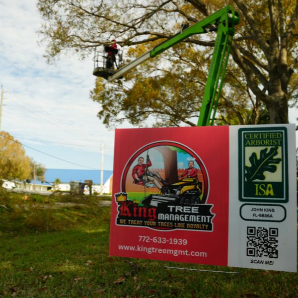Website-Trimming-section-signage-guy-spiderlift A King Tree Management sign stands in a front yard while the crew works safely in the back, pruning a tree from a spider lift.