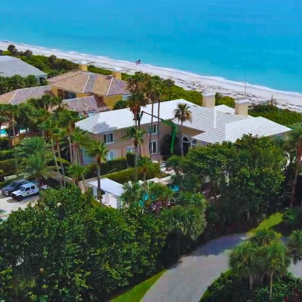 Website-about-section-residential-property-beach A large beachfront home with a pool, barely showing the view of King Tree's spider lift elevated into a tall palm tree for pruning.